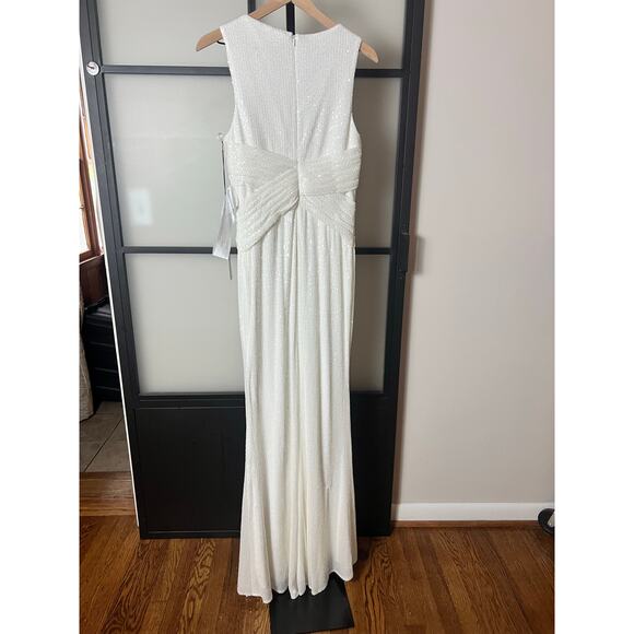 NWT Ieena for Mac Duggal  White V-Neck Sequin Wrap Waist Gown - Picture 7 of 10